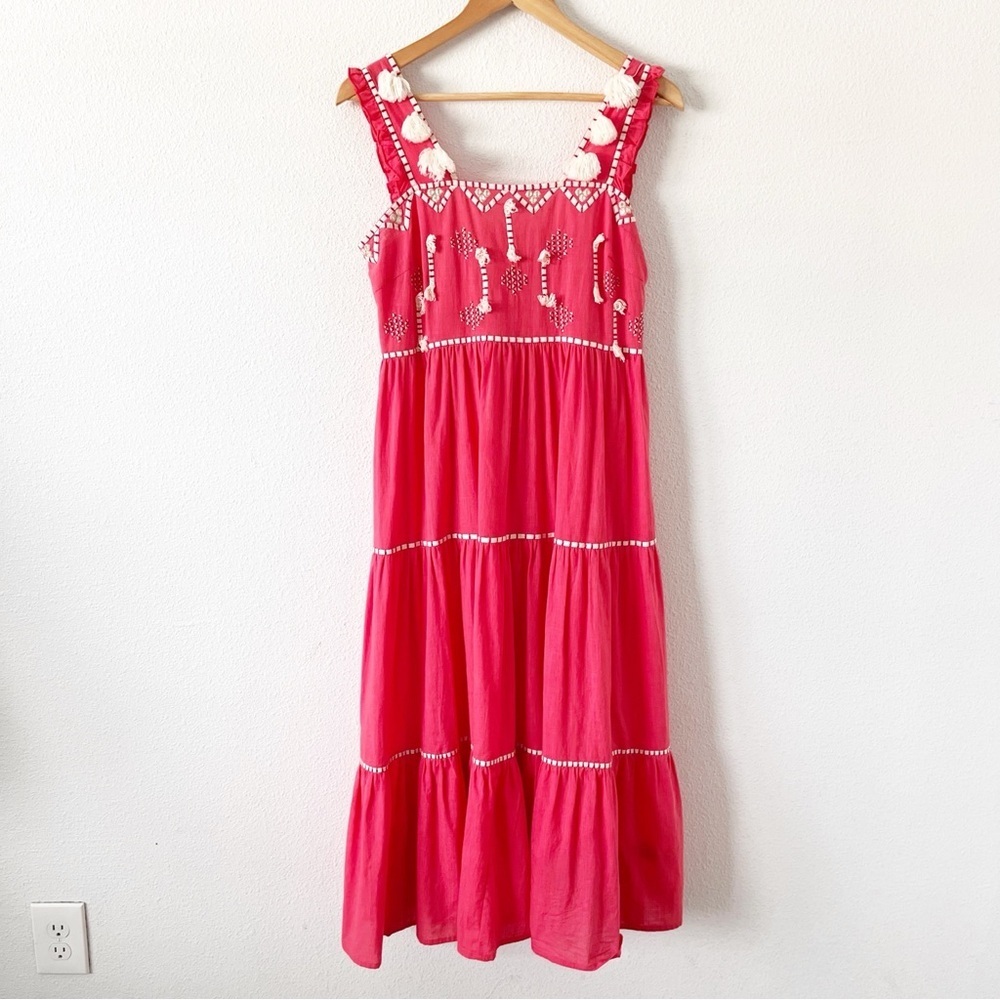 Ranna Gill Pink Tassel Boho Tiered Summer Cottagecore Embroidered Midi Dress - Picture 2 of 9